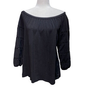 TALBOTS | sz LP Women's Black Ric Rac Sleeve Scoop Neck Off Shoulder Top 3/4